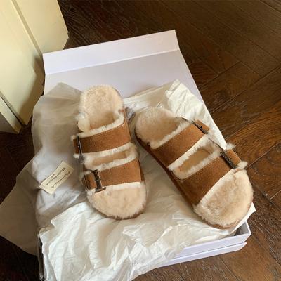 China New Custom Fashion Women Anti-Smell Two Fluffy Hairy Fur Strap Cork Sandals Slippers Birken for sale