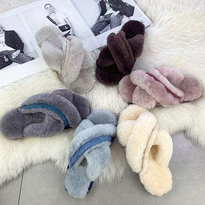 China Custom Fashion Anti-Smell Fuzzy Fur Slides Sheepskin Fluffy Slippers Genuine Australian Cross Fur Shearling Slippers For Women for sale