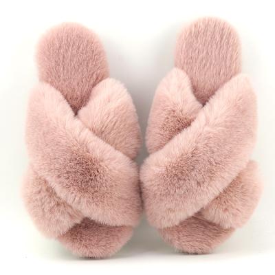 China New Fashion Trend Color Soft Custom Made Soft Toe Cross Band Winter Warm Vegan Furry Fluffy Closed Slippers For Women for sale