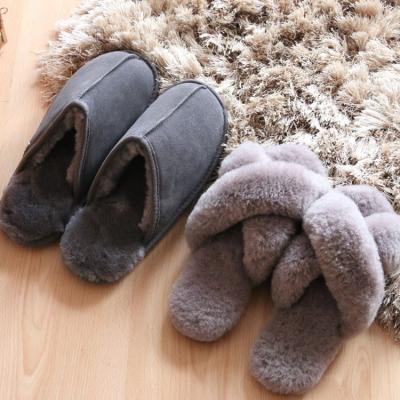 China Winter Fashion Trend Premium Men's Sheepskin Slippers Handmade Gray Classic Warm Cow Suede Indoor Outdoor Wear for sale