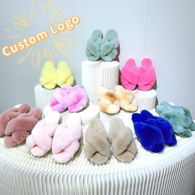 China Custom Made Women's Fashion Fur Slide Slippers Soft Indoor Outdoor Fluffy Ladies Fuzzy Rabbit Fur Anti Slippery For Women for sale