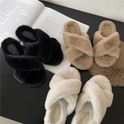 China Fashion Trend Ladies New Arrival Stripe Vegan Fur Winter Comfy Hairy High Quality Cross Slippers For Girls for sale