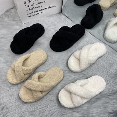 China Fashion Trend Women's Cross Stripe Lamb Fur Plush Sandal Bedroom Memory Foam Plush Fur Slippers Slippers for sale