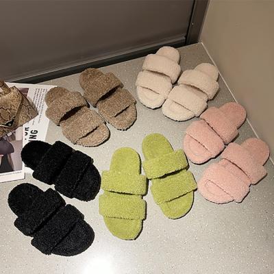 China Wholesale Fashion Trend New Design Comfortable Outdoor Home Customize Logo Slides Two Strap Lamb Fur Slippers for sale