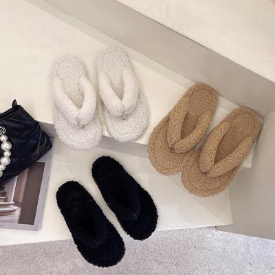 China Fashion Trend Women's Furry Ladies Bedroom Thong Shearling Fur Imitated Slippers Fashion Trend Women's Lamb Fur Sandals for sale