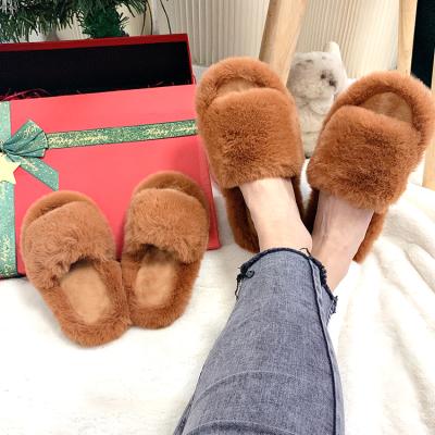 China Custom Cute Fluffy Furry Imitation Slides Flat Rabbit Fur Bedroom Mommy and Me Slippers for Kids for sale