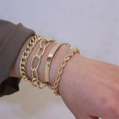 China Wholesale Fashion Alloy Gold 4pcs Hip Hop Cuban Bracelet Set Jewelry Rope Punk Metal Twisted Chain Bracelet for sale