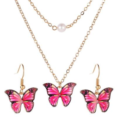 China Environmental Friendly Custom Jewelry Necklace Set New Butterflies Color Double Layer Pearl Pendant Jewelry Set for sale