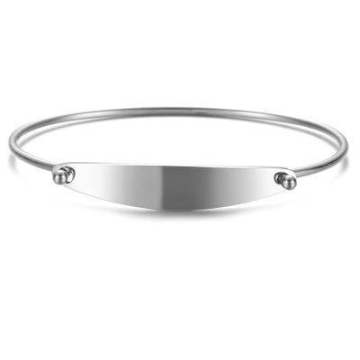 China CLASSIC Simple Wide Polishing Stainless Steel Box Engraved Logo Blank Bar Wire Cuff Open Bangle for sale