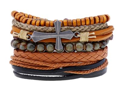 China 2021 New Hiphop Cheap PU Layer Woven Adjustable Multi Cross Charms Cuff Bracelet For Women Men for sale