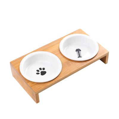 China Wholesale Viable Pet Cat Dog Non Slip Double Ceramic Slow Feeder Bowls With Wooden Stand for sale