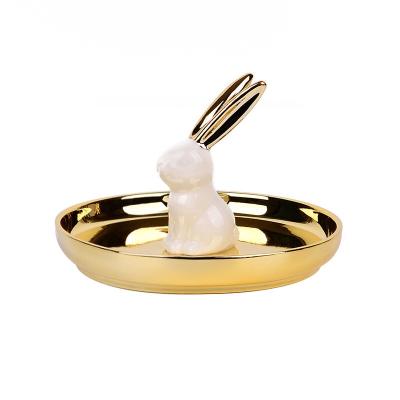 China Cute Unique Viable Little Rabbit Design Storage Ceramic Dish Jewelry Tray For Earring Display for sale