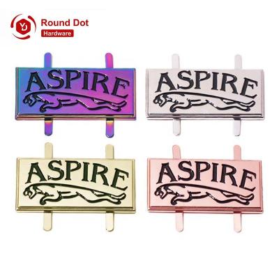 China Bag Rainbow Color Plating Quality Metal Tags Metal Plate Custom Logo OEM ODM Engraved Logo Quality Metal Tags With Forks for sale