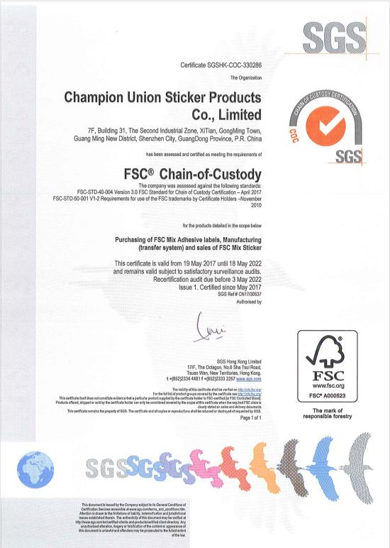 FSC - Champion Union Sticker Products Co., Ltd.