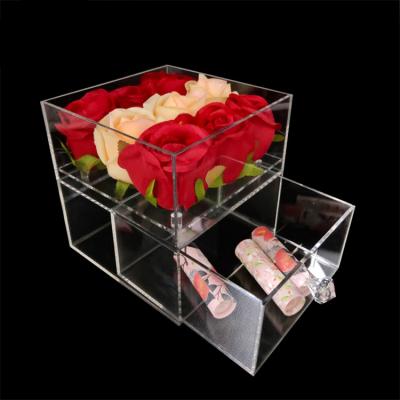 China Morden 9 Hole Square Clear Acrylic Floral Flower Box Plexiglass Lids Wedding Preserved Forever Pink Acrylic Box Roses With Drawer for sale