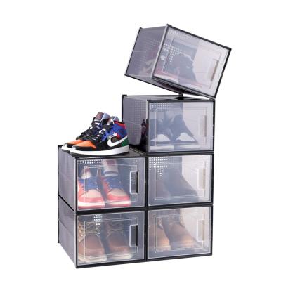 China Folding Stackable Clear Plastic Drop Shoe Box Organizers PP Sneaker Crate Folding Container Display Front Foldable Clear Storage for sale