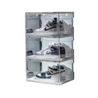 China Custom Acrylic Shoe Box Clear Plastic Stackable Magnetic Folding Large Drop Design Gift Glass Box White Front Display Led Shoe Storage for sale