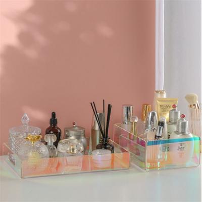 China Morden 2021 New Design Custom Acrylic Iridescent Transparent Makeup Organizer Tray Perfume Acrylic Tray With Decorative Handles for sale