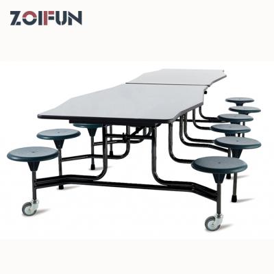 China Contemporary Modern Luxury Rectangular Cafeteria Dining Table and Chair Set Folding Table with 12 Stools Movable Casters for sale