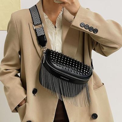 China Fashion Waterproof Luxury Tassel Chest Bag Woman Travel Leather Cross - Body Chest Bag Women Casual Waist Bag Rivet for sale