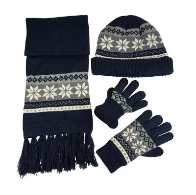 China Long Winter Warm Fleece Striping Bulky Cable Knit Snowflake Design Hat Scarf Gloves 3PC Set for sale