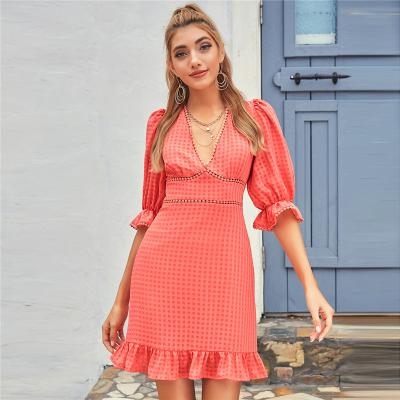 China Dry cleaning new arrive spring autumn women's clothing women's guipure lace insert ruffle edge plaid casual dress for sale