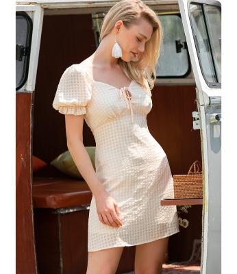 China UW0076 Young Lady Casual Dress Fashion Tie Front Ruched Bust Puff Sleeve Breathable Girls Plaid Dress Private Label for sale