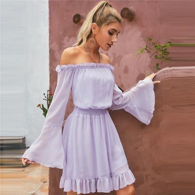 China Dry Cleaning Fashion Lady Long Sleeve Lilac Off Shoulder Bubble Waist Chiffon Dress for sale