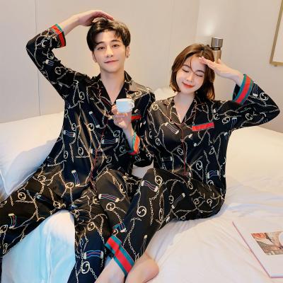 China UW0099 QUICK DRY Wholesale Autumn Ladies and Men's Silk Nightgowns Fashion Lovers Printing Long Sleeve Sleepwear 2020 Pants for sale