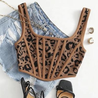 China HONGYUAN Newest Women's Asymmetric Edge Leopard Crop Top Zipper Crop Corset Anti-Shrink Back Top Band for sale