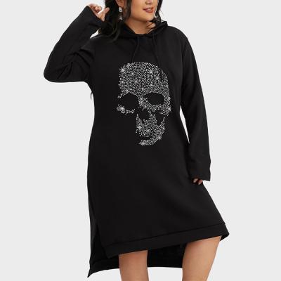 China Breathable Women Plus Size Edge Split Rhinestone Asymmetrical Skull Printing Hooded Sweatshirt Dresses for sale