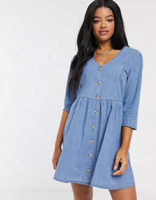 China HONGYUAN Anti-static Soft Tea Denim Half Sleeve Mini Dress In Mid Wash Ladies Blue Denim Dress for sale