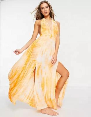 China HONGYUAN New Arrival Dye Tie Anti-static Orange Women Casual Dress Deep Plunge Maxi Beach Dress for sale