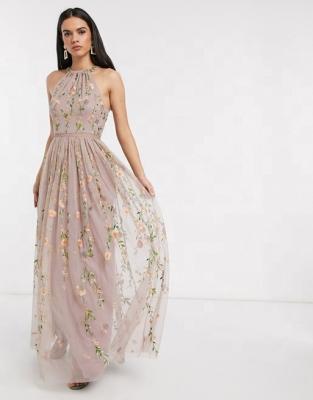 China HONGYUAN Pretty Anti-Static Halterneck Dress Embroidered Floral Sequin Mesh Maxi Dress In Mauve for sale