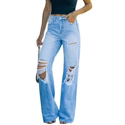 China Breathable Hot Sale Girls Fringed Bottom Casual Slim Holes Wide Leg Denim Ripped Jeans Pants for sale