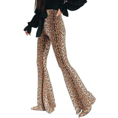 China Fashion Breathable Women Bell Waist High Stretch Casual Loose Leopard Print Bottom Flared Pants for sale