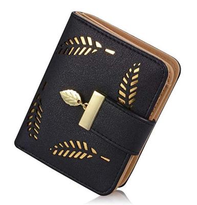 China Fashion Design Women's Short PU Card Holder Purse Leaf Metal With Leaf Pattern Punching Clutch Wallet for sale