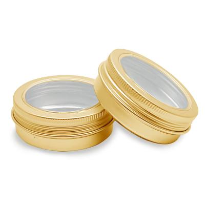 China OKCARTON 60ml 60g 2oz Cosmetic Gold Cosmetic Aluminum Jars With Window Lids For Food Cream Packaging for sale