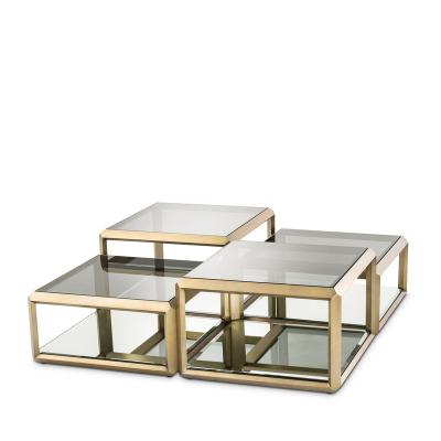 China Modern Nordic Modern Luxury Glossy Frame 4 Pcs Stainless Steel Living Room Quadrate Table Top Clear Tempered Glass Coffee Table Set for sale