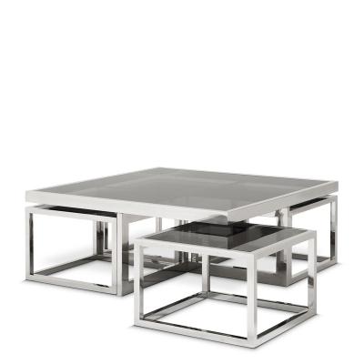 China Stainless steel with Nordic square stainless steel glass frame tempered black or transparent glass top coffee table 5 pcs set for living room for sale