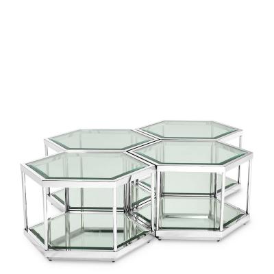 China STAINLESS STEEL WITH GLASS nordic style hexagon 2 layers stainless steel glass top luxury coffee table set for living room for sale