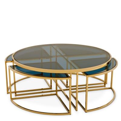 China 5pcs Nordic style quarter round glass living room luxury stainless steel gold plated stainless steel tempered glass coffee table set for sale