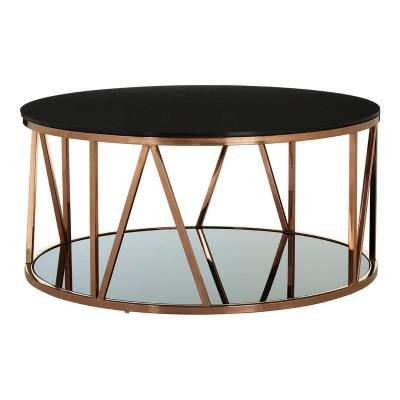 China STAINLESS STEEL WITH GLASS coffee table Morden living room round brushed black tempered glass gold texture double layer stainless steel coffee table for sale