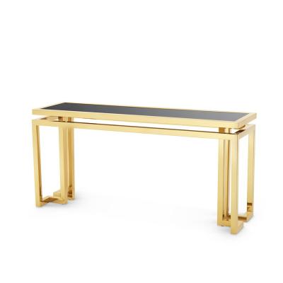 China STAINLESS STEEL WITH Titanium Base Gray Glass Wall Console Table Popular wholesale tempered glass GLASS Gold Color Stainless Steel Table for sale