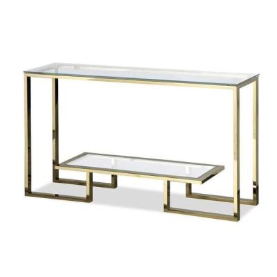 China STAINLESS STEEL WITH 2 LAYER RECTANGLE NEW FINISH LIVING ROOM STAINLESS STEEL TEMPERED GLASS SHINNING CONSOLE TABLE LUXURY MODERN GLASS DESIGN GOLD SHINE for sale