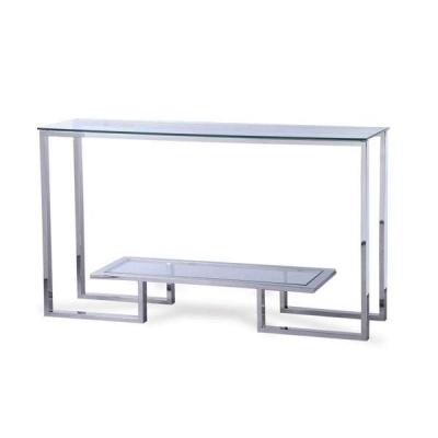 China STAINLESS STEEL WITH GLASS Luxury Design 2 Layers Shinning Silver To Finish Stainless Steel Tempered Glass Console Table For Living Room for sale