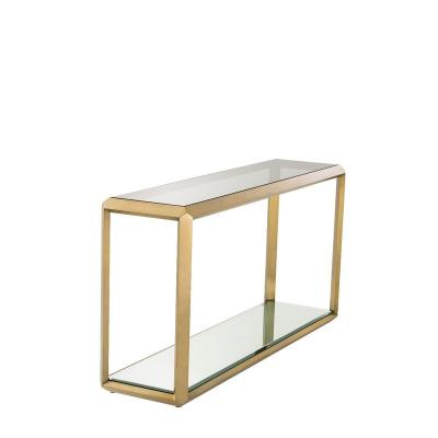 China STAINLESS STEEL WITH Titanium Frame Gray Glass Wall Console Table Hot Selling Tempered Glass Table Gold Color Stainless Steel Table for sale