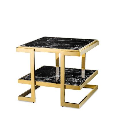 China STAINLESS STEEL WITH MARBLE 2 layers luxury Nordic black marble squre side table stainless steel gold titanium furniture living room marble table for sale