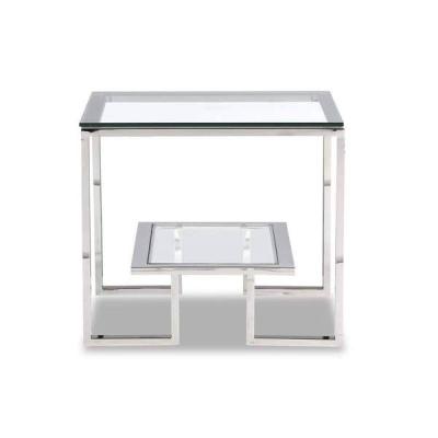 China STAINLESS STEEL WITH GLASS New Square 2 Layer Design Luxury Modern Luxury Shinning Silver Texture Living Room Transparent Glass Side Table for sale