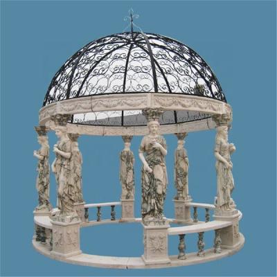 China Modern Garden Decoration Western White Marble Stone Gazebo Sculpture With Wrought Steel Roof for sale